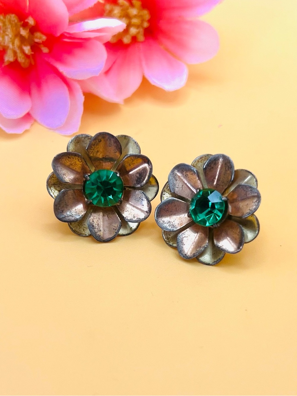 Vintage Gold over and Green Floral screw Earrings